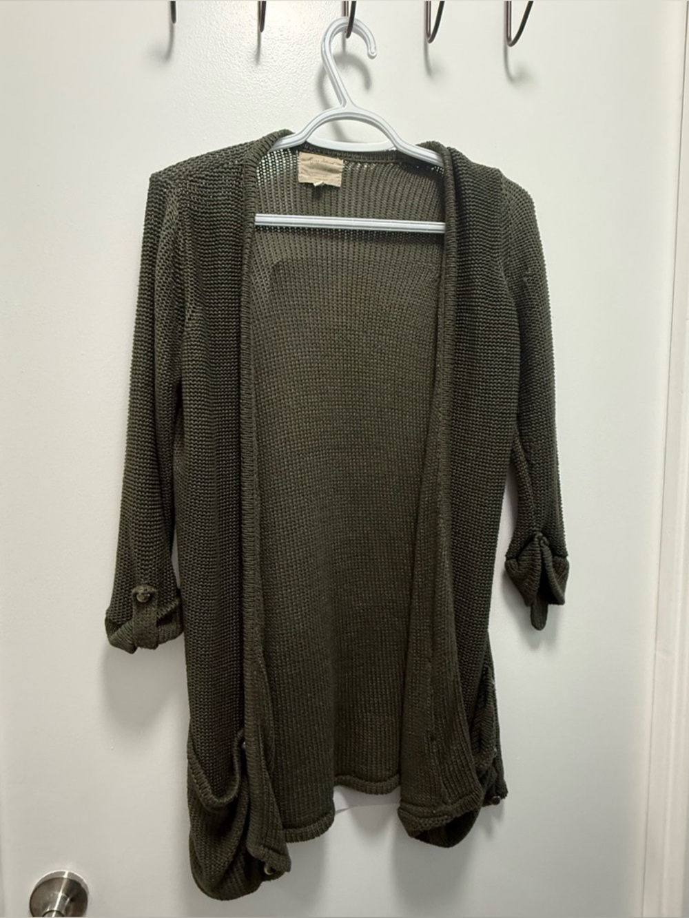 River Island Khaki Olive Green Longline Open Front Textured Knit Cardigan